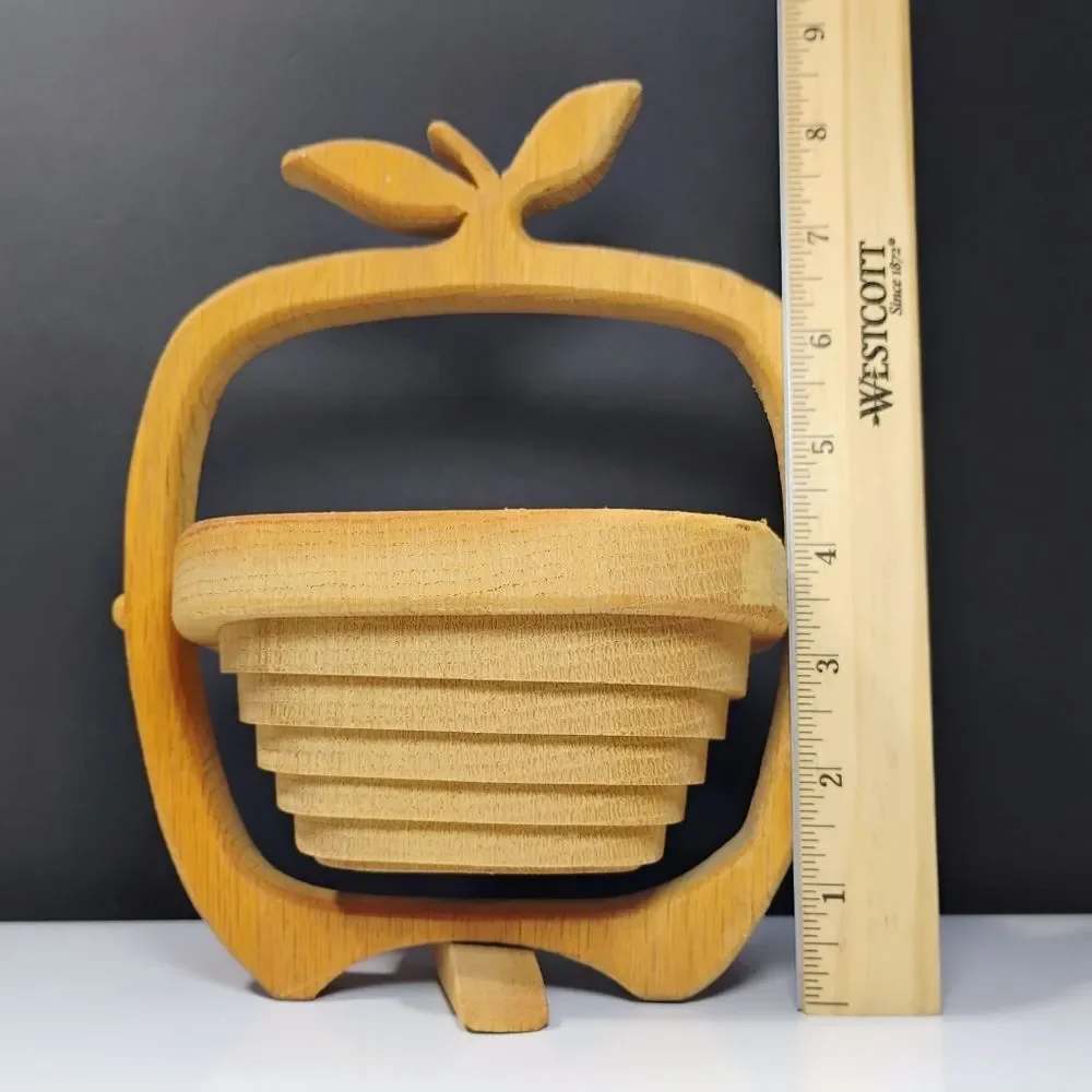 Vtg Basket Apple Shaped Tan Wooden Cut Collapsible Accent Fruit Holder Handmade
